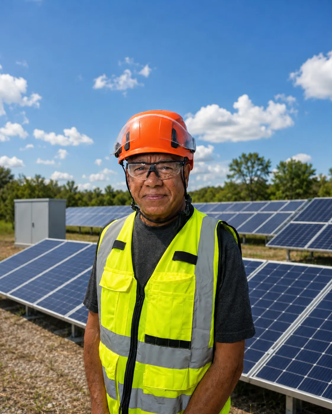 Jose Antonio Loyo Bolívar, CEO de Akire Renewable Energy, con casco y chaleco de seguridad frente a una planta solar fotovoltaica